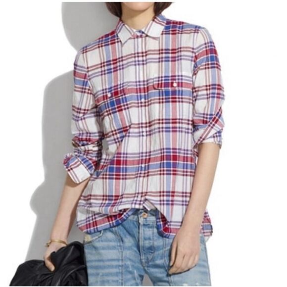 MADEWELL | cream blue red button down shirt XS - Picture 1 of 7